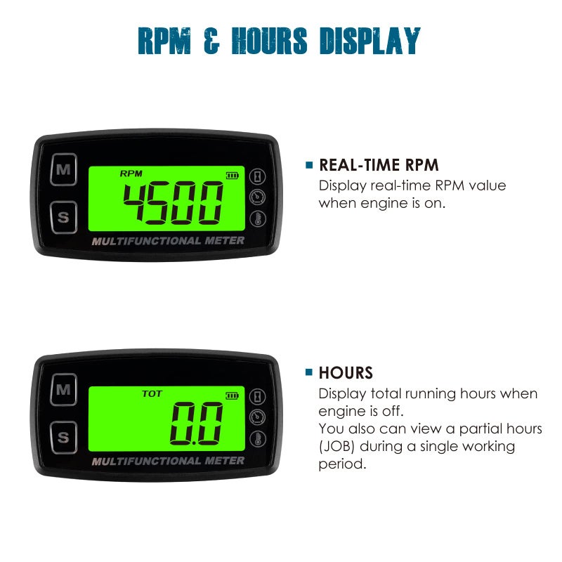 Runleader RL-HM035T-TS003 Digital Engine Temp Gauge Hours Tachometer, Backlight Display, Replaceable Battery and Waterproof Design. - Image 3